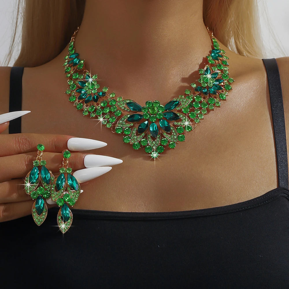 Wedding Bride Necklace Earrings Set Luxurious Simple Flower Rhinestone Clavicle Chain Necklace Eardrop Party Banquet Accessories