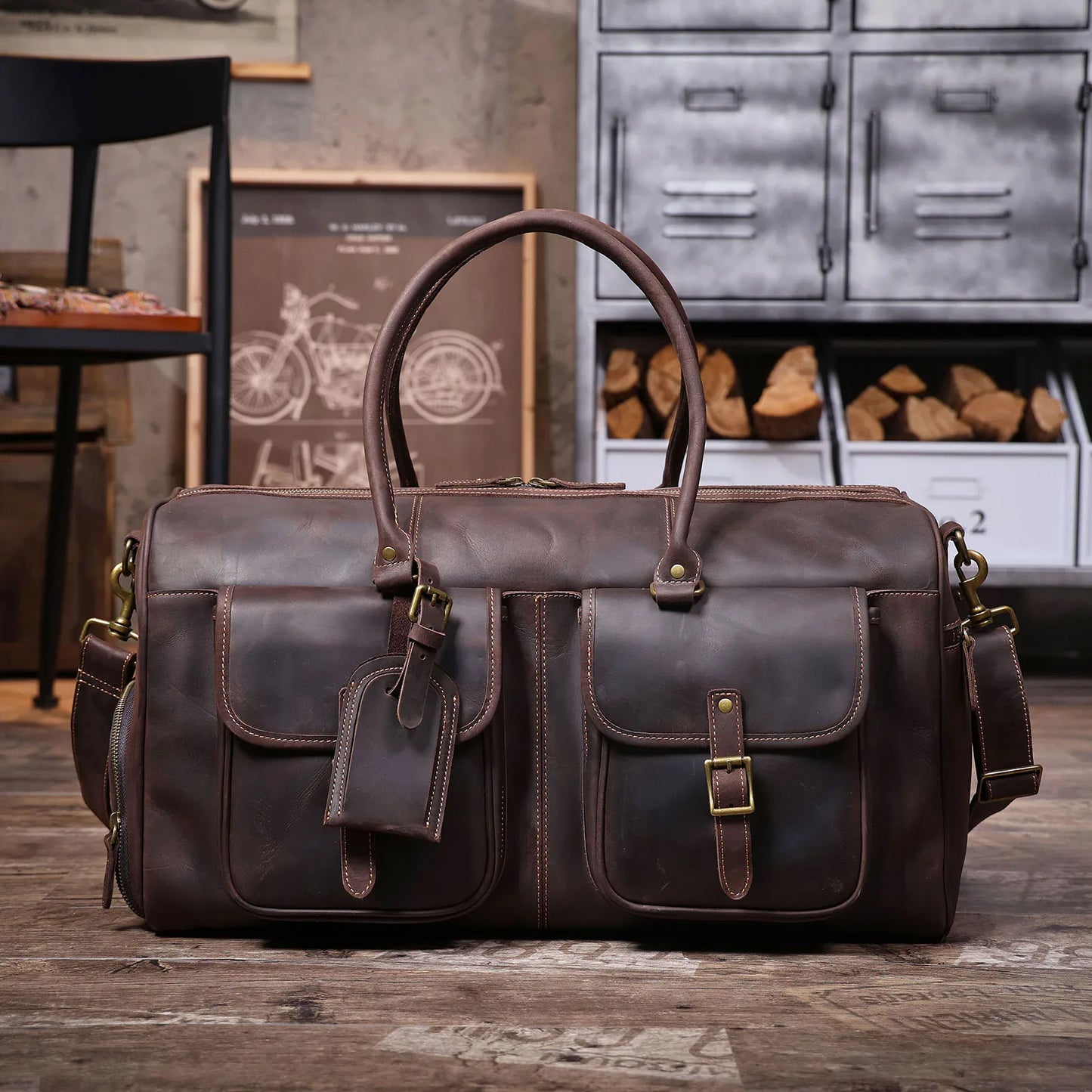 S.WORKER Vintage Genuine Leather Travel Bag Crazy-horse Cowhide Leather Duffel Bag Handicrafted Weekender Bag Gym Bag