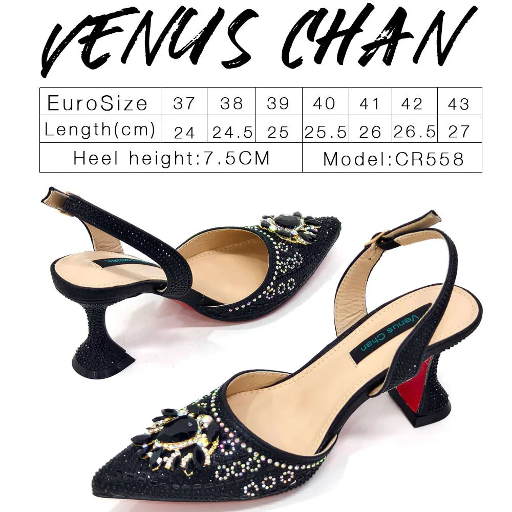 Nigerian Heel Party for Women Blue Color Shoes and Bag Set Rhinestone Handbag Italian Design Wedding INS 2025