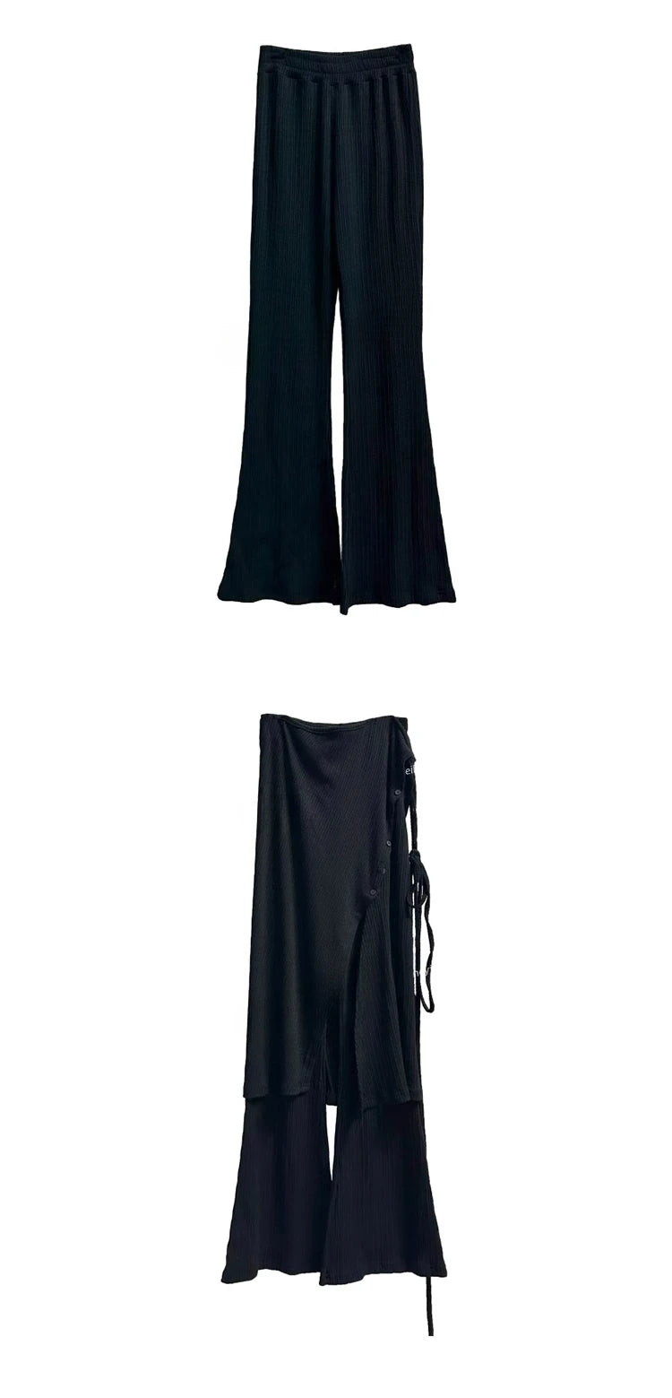 KUSAHIKI Street Thread Knitted Casual Buckle Split Tie Half Body Skirt Pants Two Piece Set for Women