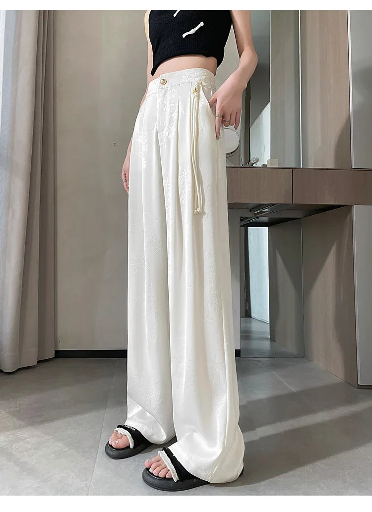 New Chinese Style Jacquard Wide Leg Satin Pants for Women Elegant Solid Office Lady Women's Casual Loose Pants Female