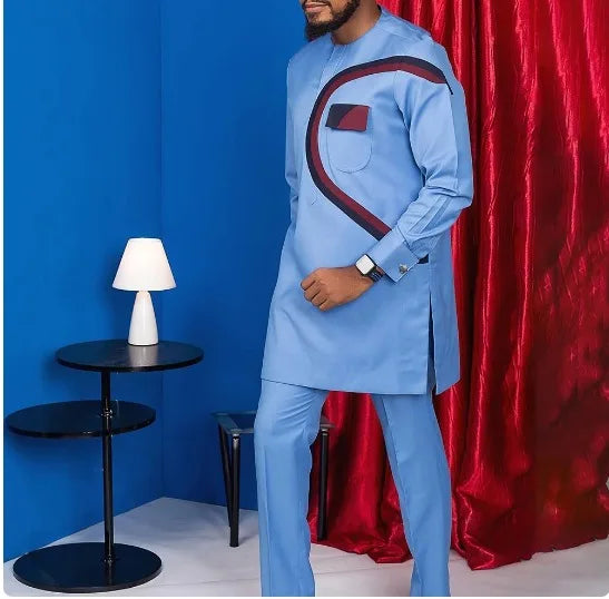 Kaunda Men's Suits Kaftan Outfits Round Neck Striped Print Long-sleeved African Ethnic Style Men's Sets Traditional Clothing