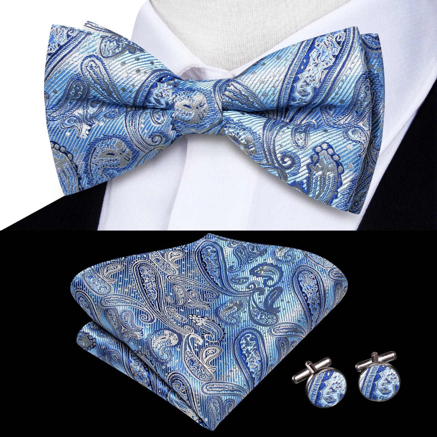 Hi-Tie Pink Dot Silk Mens Pre-tied Bow Tie Hanky Cufflink Set Dusty Pink Butterfly Knot Bowtie for Male Wedding Business