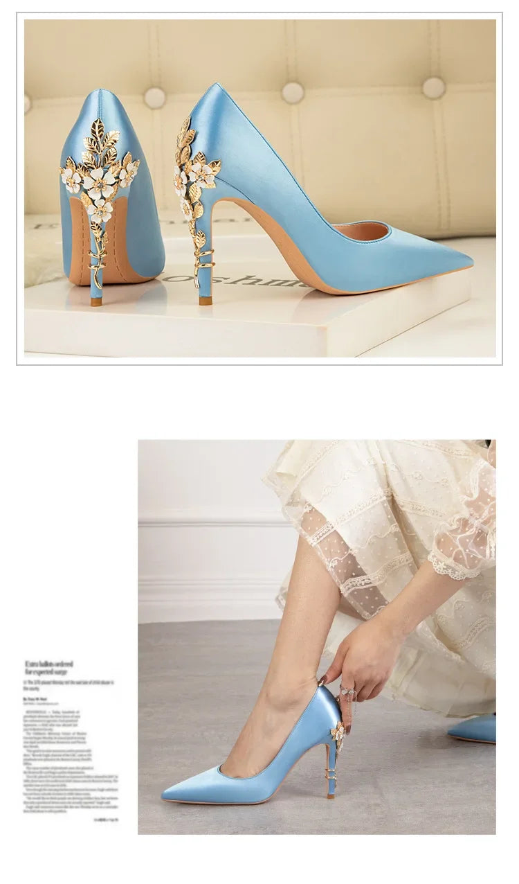 Women's Metal Flowers Stiletto High-heel Shoes Female Light Luxury Sexy Fashion Wedding Shoes Pointed Toe Satin Single Shoes