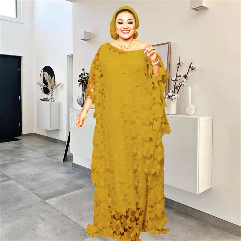 Lace Hollow Africa Dress African Dresses for Women African Clothes 2025 Dashiki Taditional Boubou Arabic Robe Femme Musulmane