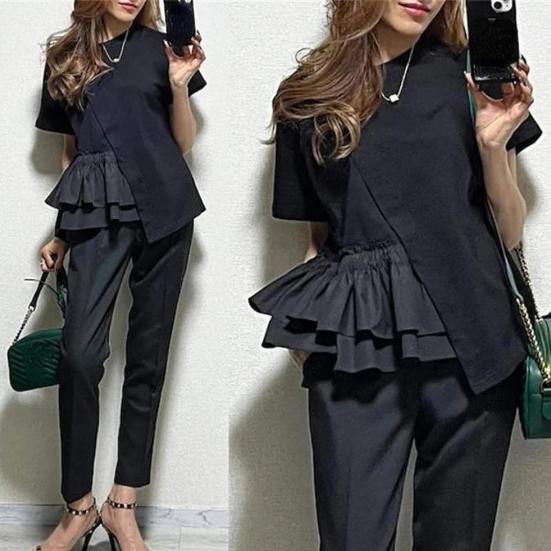 2024 New Short Sleeve Tshirts Women Ruffles Patchwork Asymmetrical Fashion T Shirts High Street Casual All-match Tops