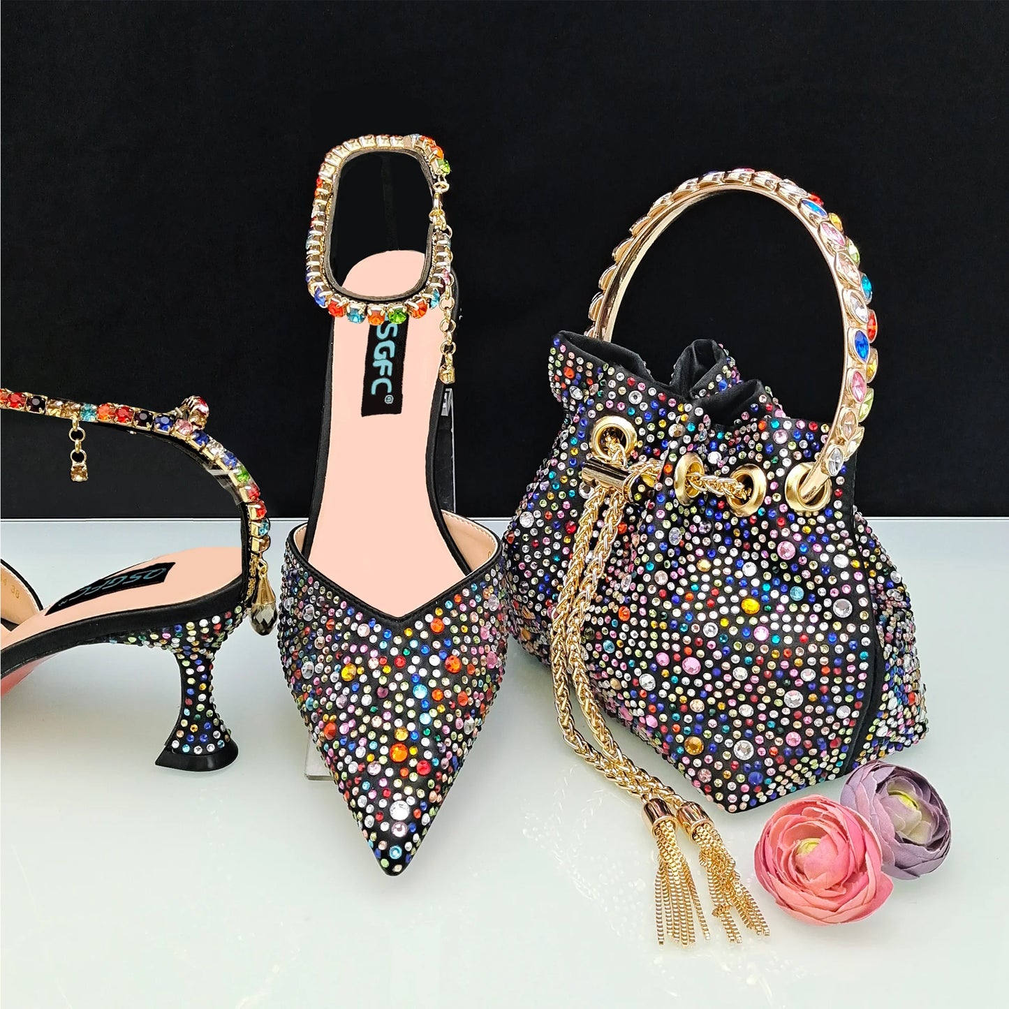 QSGFC New Gold Glitter Fabric Pointed Toe High Heels With A Variety Of Shapes Of Rhinestones Fashion Party Ladies Shoes And Bag