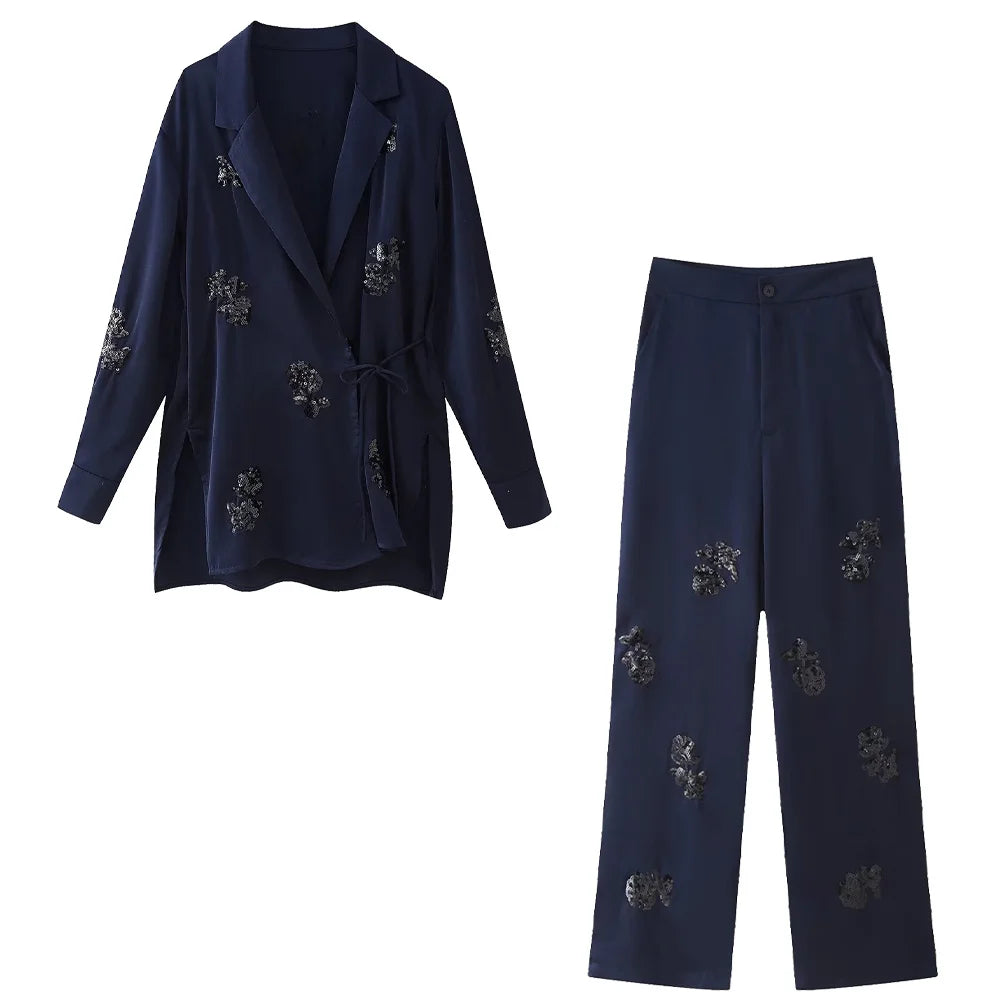 Zach Ailsa 2024 Summer New Product Women's Fashion Loose Lace up Suit Coat Beaded Silk Texture Long Pants Casual Set