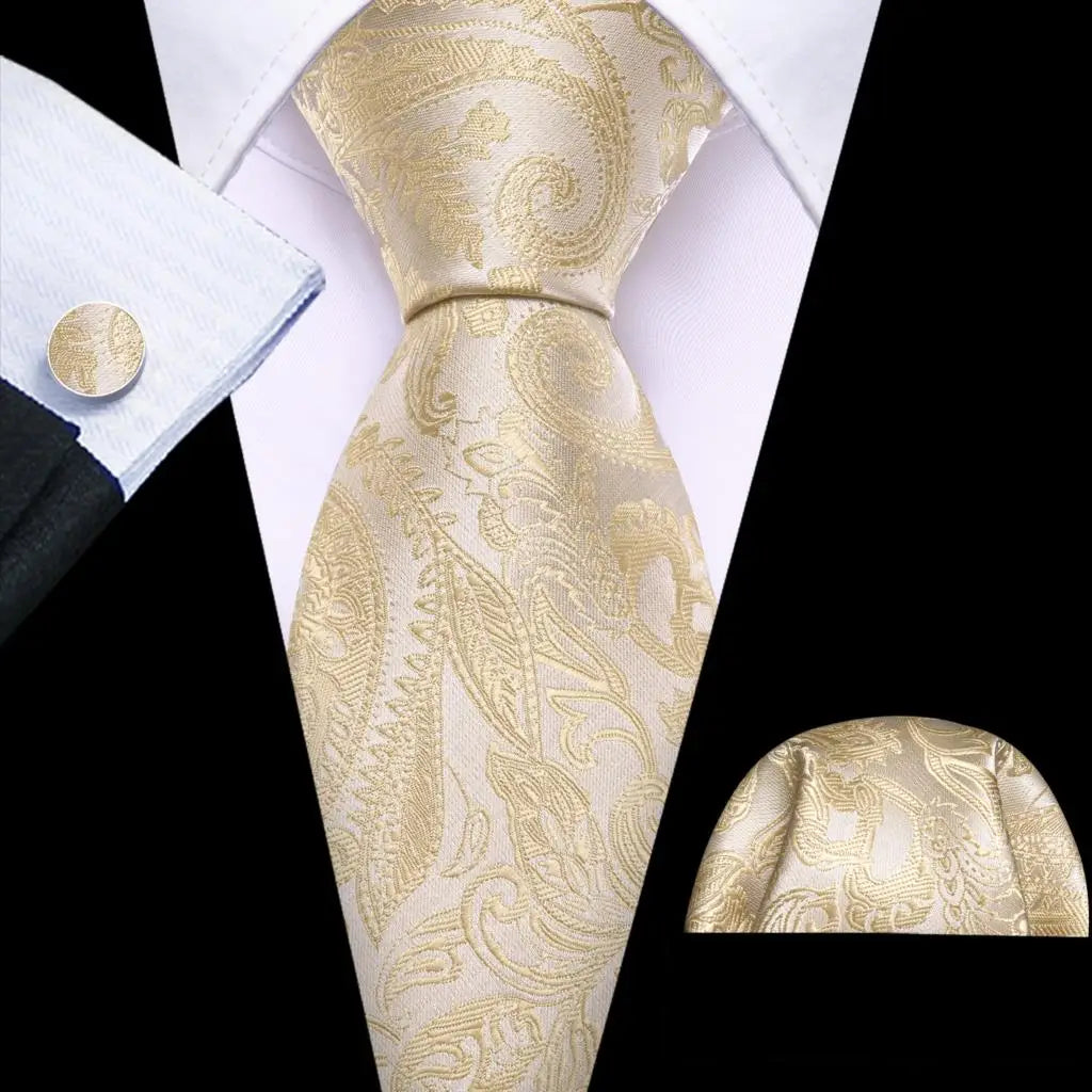 Barry.Wang Gold Beige Yellow Brown Tulip Silk Men Tie Handkerchief Cufflink Set Jacquard Necktie for Male Wedding Business Party