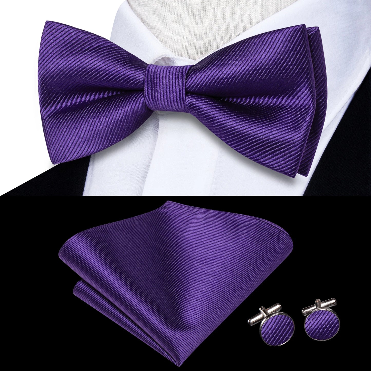 Hi-Tie Pink Dot Silk Mens Pre-tied Bow Tie Hanky Cufflink Set Dusty Pink Butterfly Knot Bowtie for Male Wedding Business