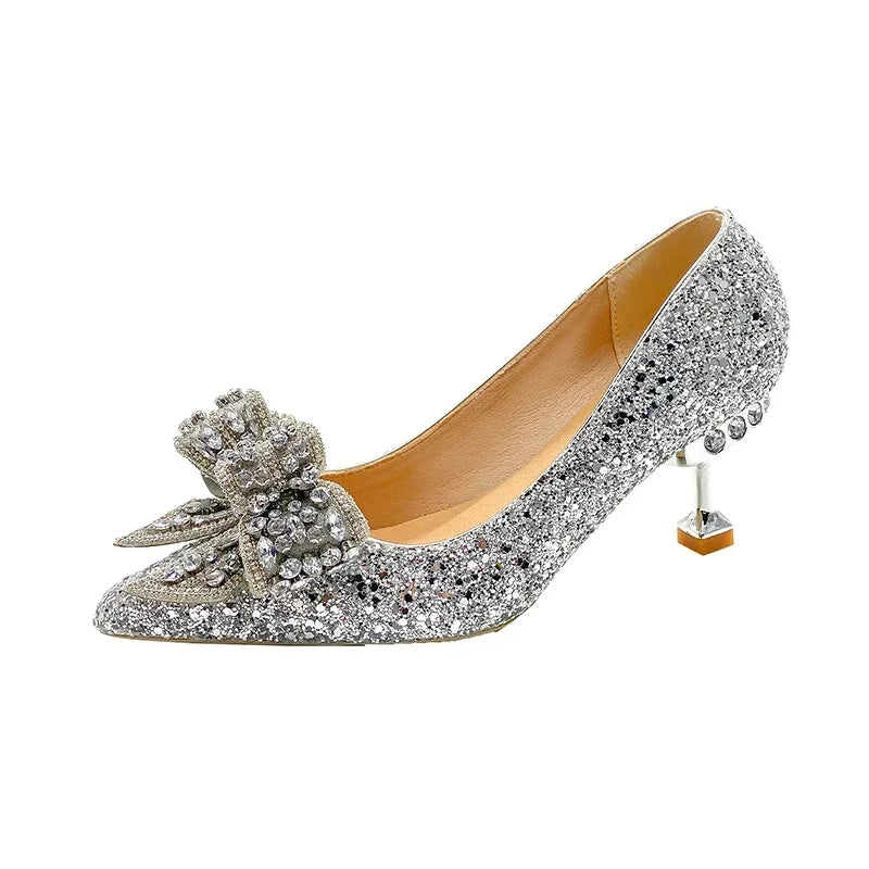 Women's Rhinestone Wedding Shoes New Year Shoes Luxury Buckle Decorative Banquet Women's Shoes High Heels Gold Silver Red