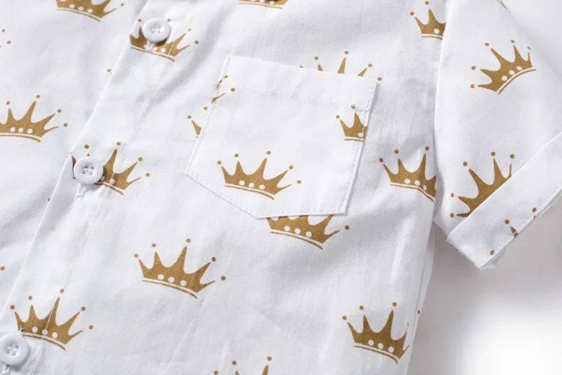Boys Sets Clothing Summer Crown Print Polo T-Shirt White Shorts Yellow Bowtie Children's Clothing For Boy Kids Clothes Boys