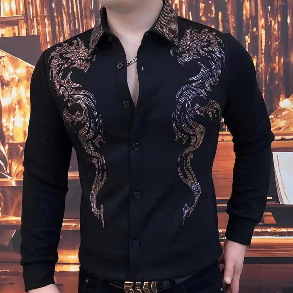 Quality Black Rhinestones Animal Shirt Camiseta Masculina Autumn Shirts For Men Social Club Outfits Hot Diamond Print Shirt Men