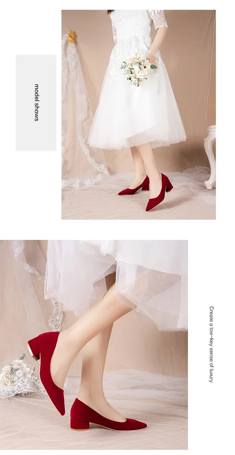 French Red Wedding Shoes for Women 2024 Spring/Summer/Autumn New Pointed Thick Heels Not Tiring Feet Bride Shoes