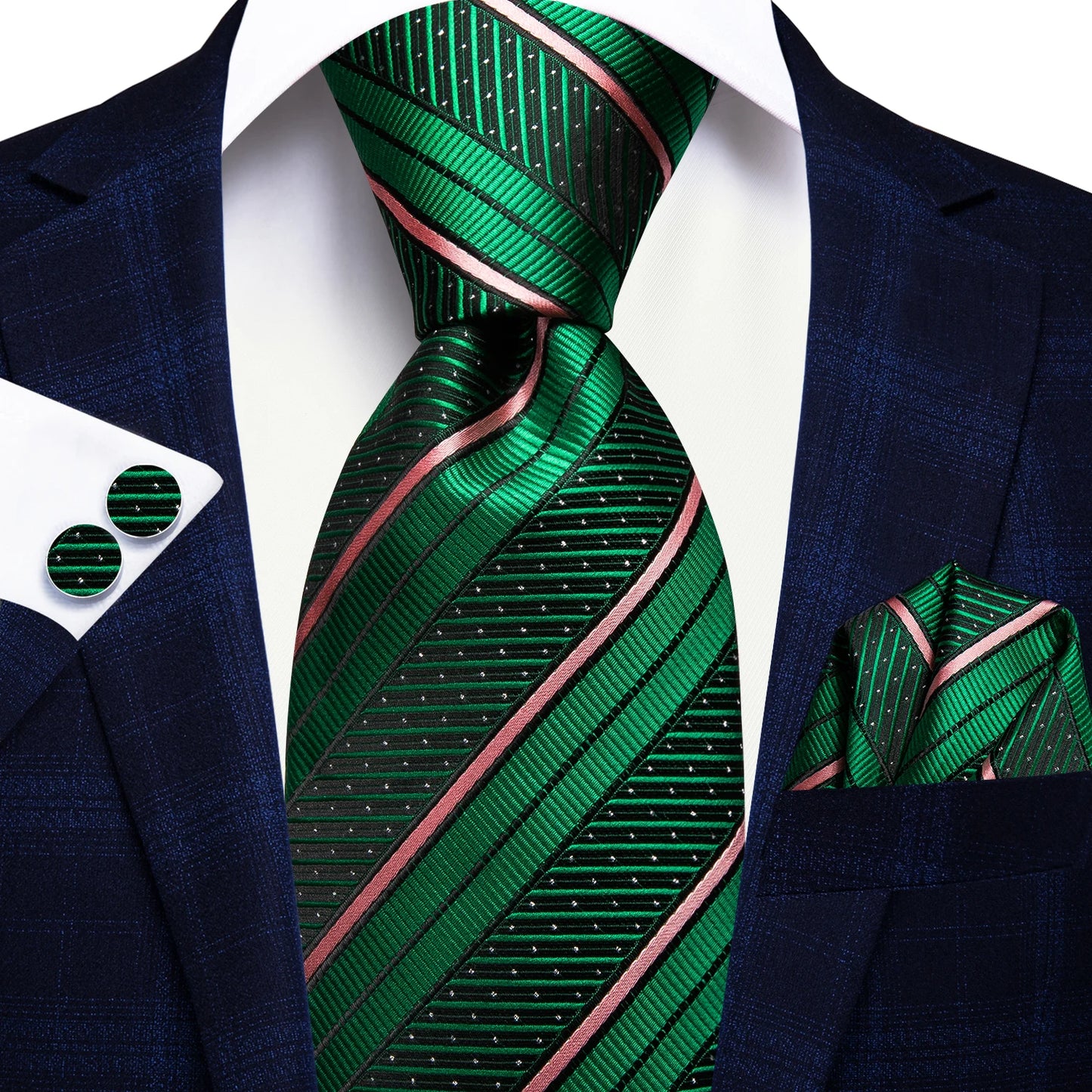 Hi-Tie Striped Black Purple Red Green Men Elegant Necktie Hanky Cufflinks for Tuxedo Fashion Classic Silk Luxury Tie for Man