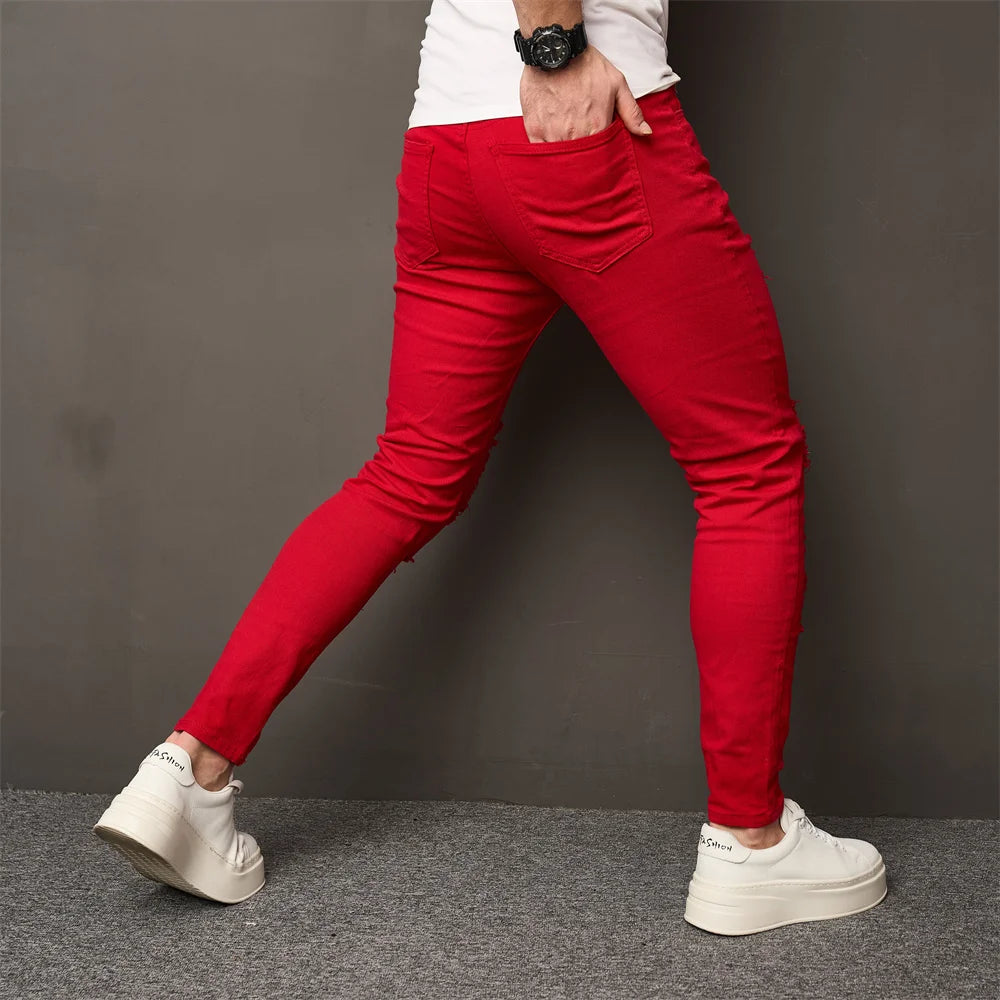 High Street Men HipHop Holes Skinny Stretch Jeans Trousers Stylish Male Distressed Slim Denim Pencil Pants