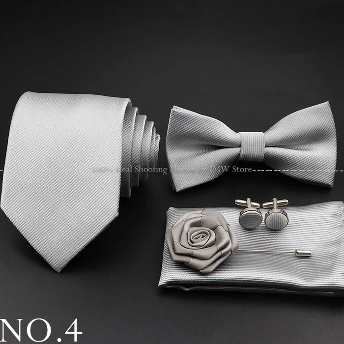 Hot Sale Red Blue Tie Set Polyester Slim Striped Necktie Bowtie Cufflink Brooch For Groom Suit Wedding Cravat Shirt Accessory
