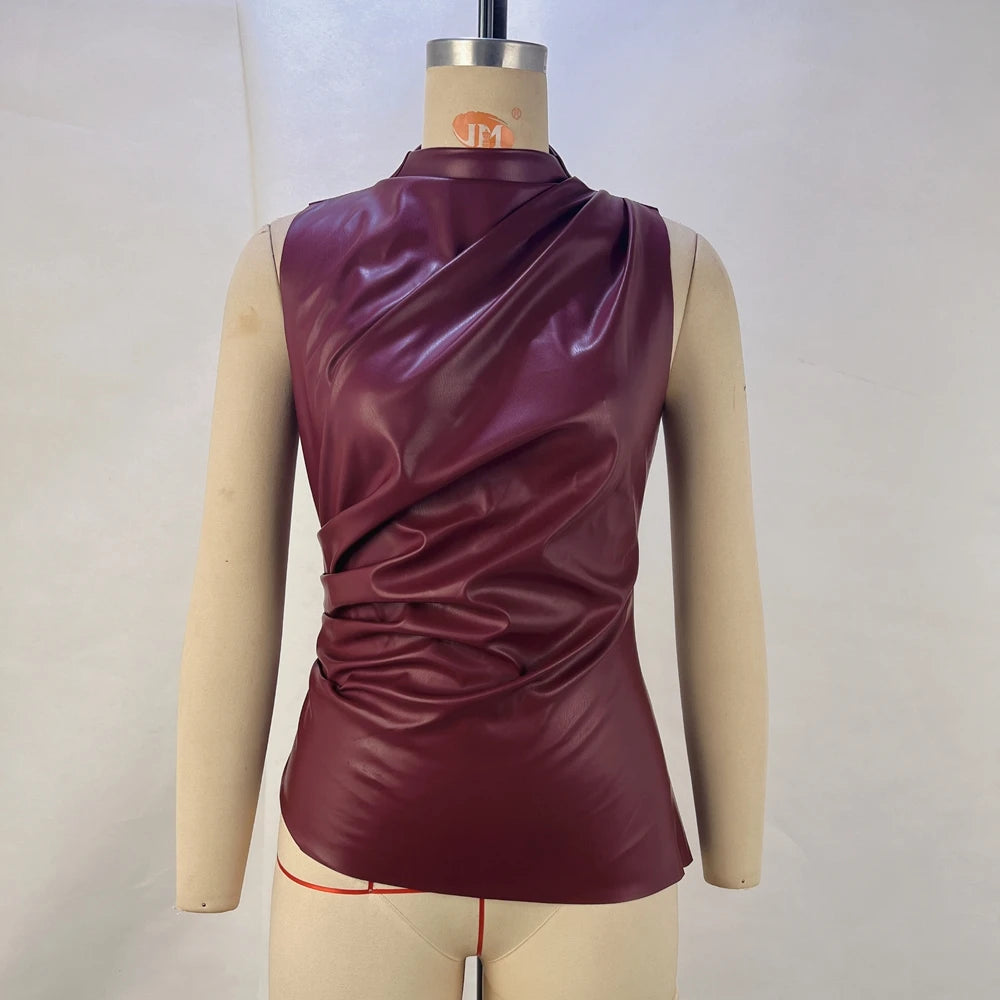 New Fashion Solid Color Leather Stacked Collar Personalized Waist Straightening Sleeveless Top For Women