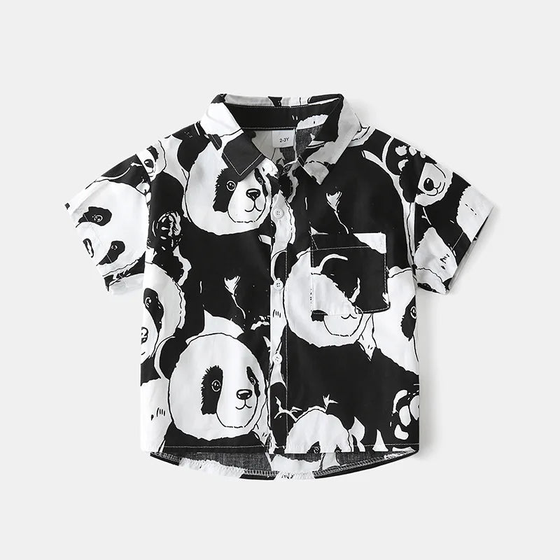 Summer fashion boys short sleeve shirt cartoon printed children turn-down collar shirt baby boy cotton Tops beach clothing