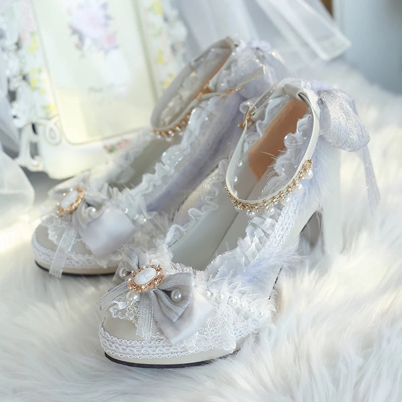 Original Handmade Lolita High Heels Heavy Industry Feather Stitching Pearl Bow Lace Platform Shoes Round Head Princess Heels
