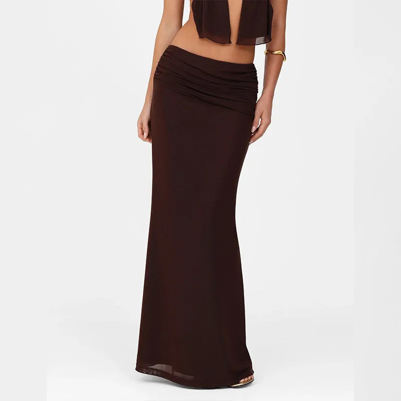 Mozision Hollow Out Lace-up Sexy Skirt 2 Piece Sets Women Brown Halter Crop Tops And Maxi Skirt Female Skinny Sexy Two Piece Set