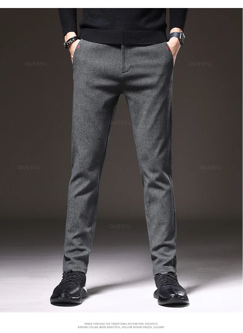 Autumn Winter New Classic Casual Pants Men Thick Business Korea Slim Fit Stretch Gray Blue Black Brushed Fabric Trousers Male