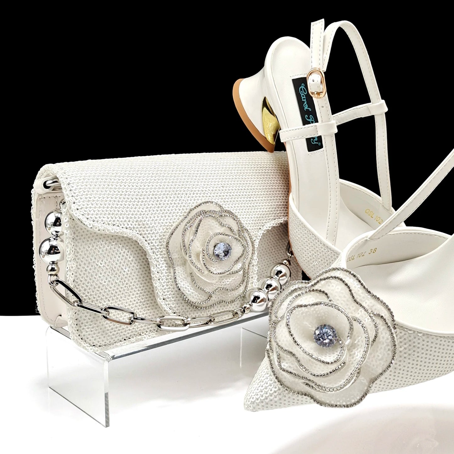 QSGFC Shiny Gold Color Shoes and Bag Elegant Handbags and Medium Heel Shoes Beautiful Handmade Flowers For Wedding Party