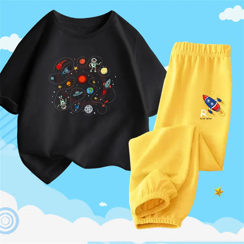 Boys Summer Clothes Set Kids Cartoon Space T shirts+Loose Harlan pants Suit 2PCS Pack Teens Sports Clothing Sets