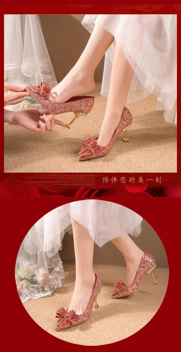 Women's Rhinestone Wedding Shoes New Year Shoes Luxury Buckle Decorative Banquet Women's Shoes High Heels Gold Silver Red