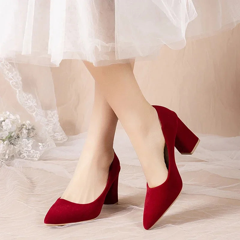 French Red Wedding Shoes for Women 2024 Spring/Summer/Autumn New Pointed Thick Heels Not Tiring Feet Bride Shoes
