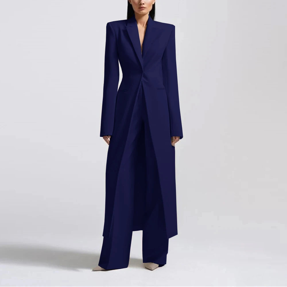 Fashion Beige Women's Blazer PantsSuit Peak Lapel Long Coat Wedding Formal Suits Office Lady Jacket Pant 2 Piece