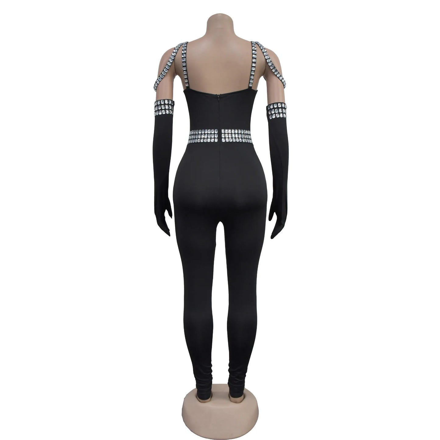 CM.YAYA Women Diamonds Hot Rhinestones Sexy Strap Long Sleeve Jumpsuits Streetwear Club One Piece Overall Rompers with Gloves