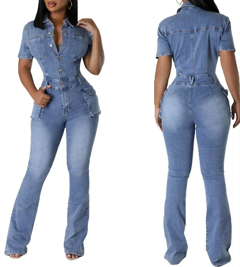 Casual Slim Short Sleeve Stretch Stir Fried Floral Washed Denim Jumpsuit Jeans Playsuit Cotton Flared Pants Jump Suit Overalls