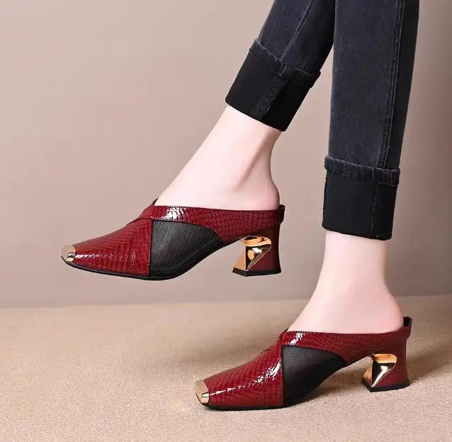 Low Shoes Hoof Heels Rome Synthetic PU Fabric Rubber Low Shoes PU Rubber Hoof Heels Fabric Rome