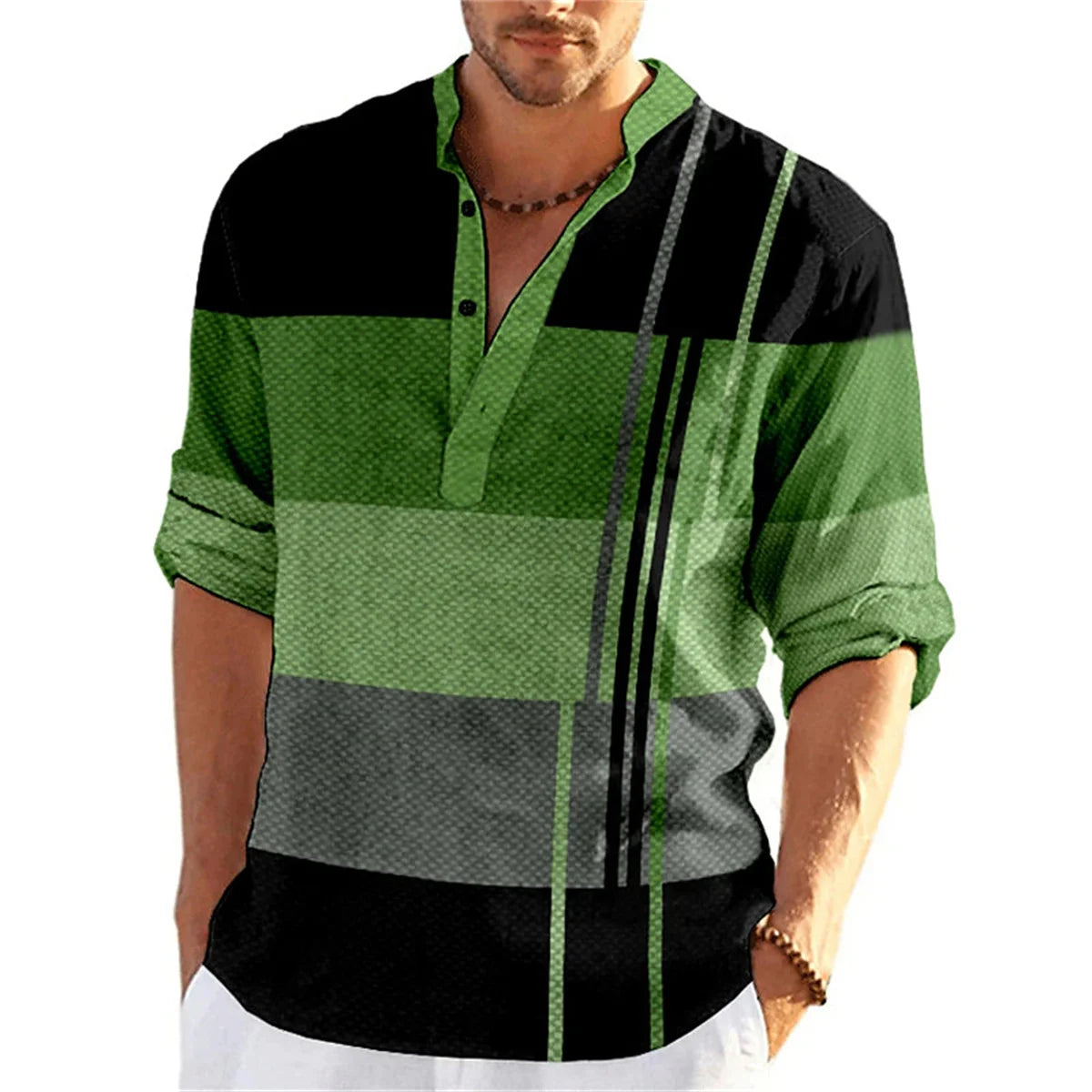 Tiki Spring Autumn Men's Shirt Button Stand Collar Print Gradual Change Business Slim Casual Long Sleeved Shirt Flash Sales
