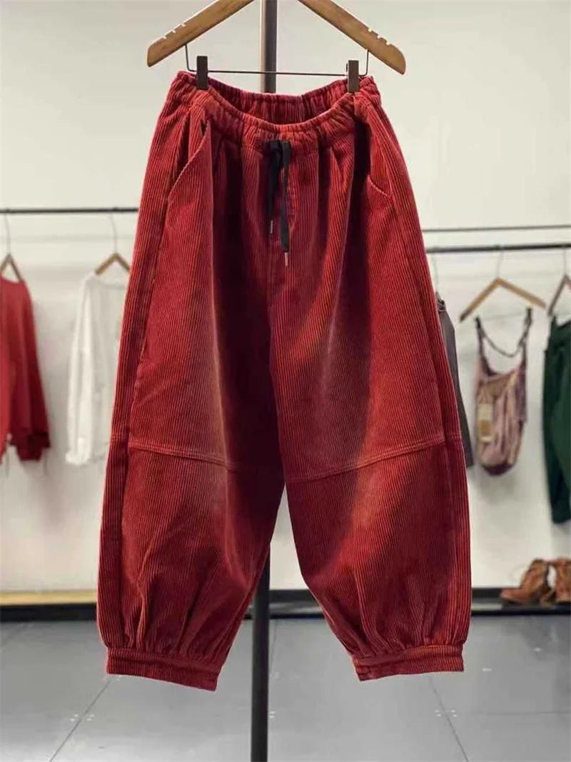 Ladies Large Size 4XL Corduroy Pantalons 2024 Female High Waist Add Velvet Casual Trousers Winter Women Loose Fit Lantern Pants