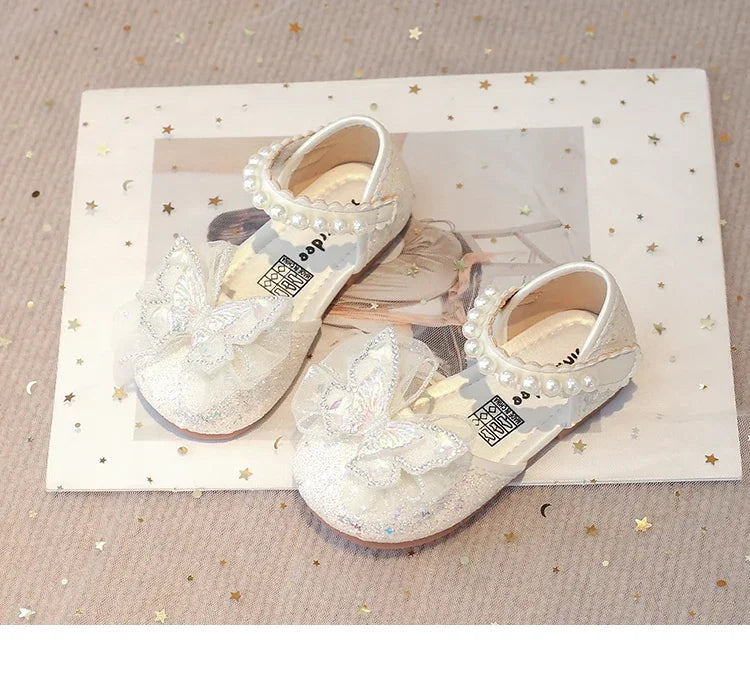 Chic Girls Dress Shoes for Wedding Party Bling Sequins with Rhinestone Butterfly Sweet Princess Chic Kids Flat Shoes Lace Beaded