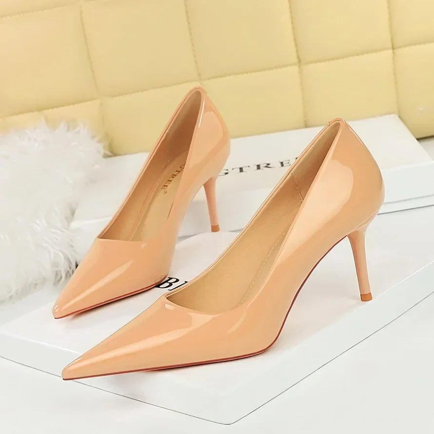 Women 7cm High Heels Career Temperament Work Pumps Lady Stiletto Heels Glossy Leather Fetish Royal Blue Nude Party Concise Shoes