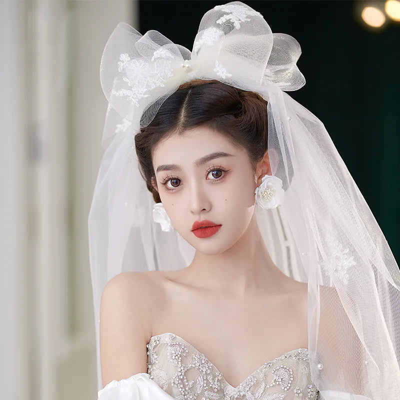 Korean Style Wedding Veil Large Bowknot Bride Veils Wedding Hair Accessories Woman's accessories
