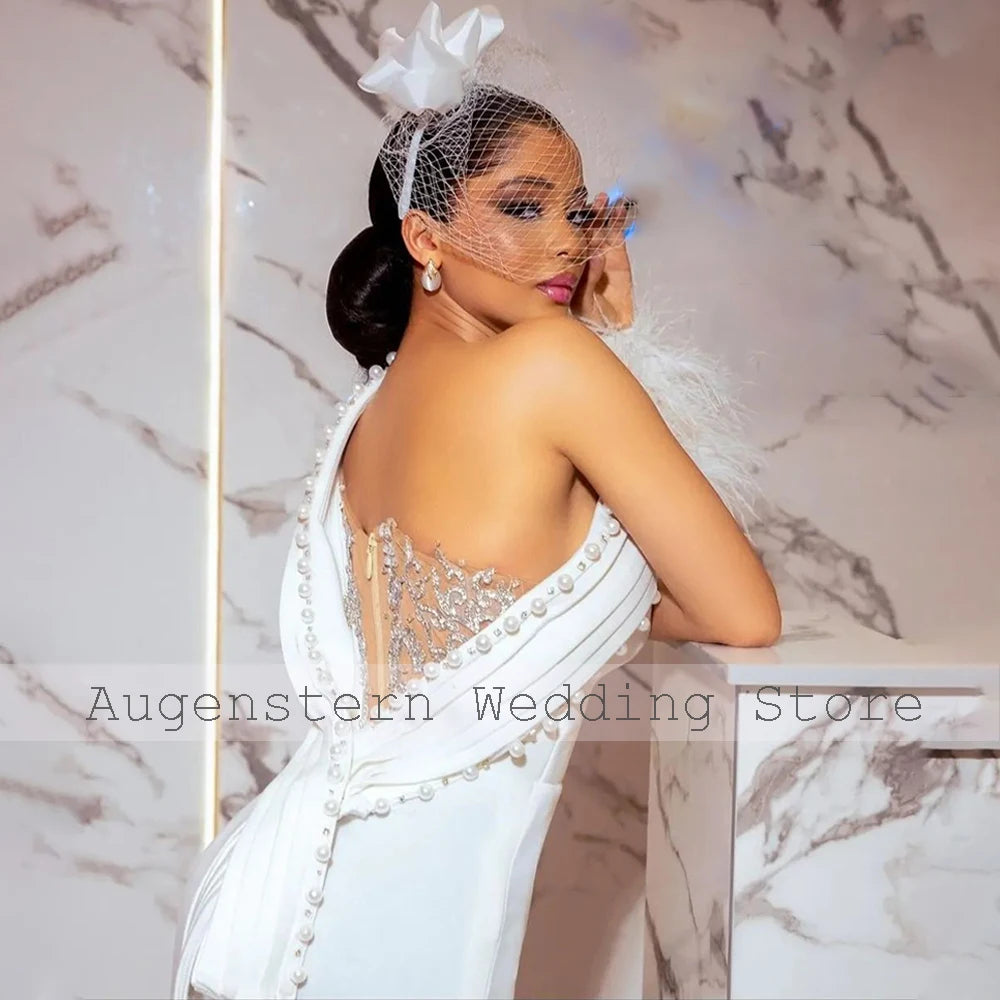 Civil Wedding Dress for Women One Shoulder Feather Long Sleeve Court Gowns Midi Sheath Pearl Applique Bridal Short