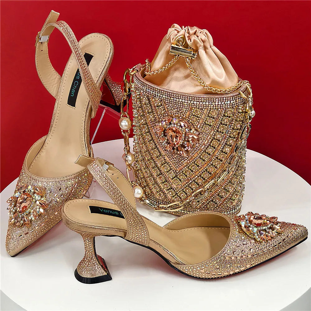 Nigerian Heel Party for Women Blue Color Shoes and Bag Set Rhinestone Handbag Italian Design Wedding INS 2025