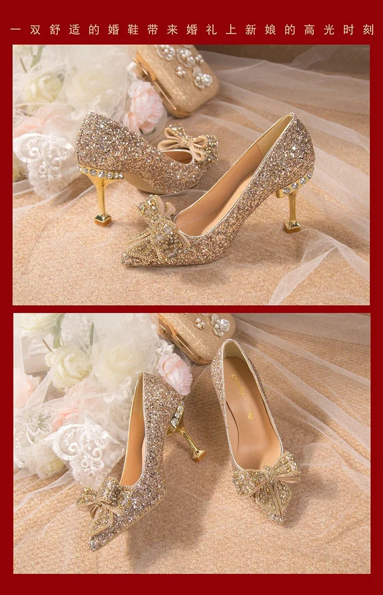 Women's Rhinestone Wedding Shoes New Year Shoes Luxury Buckle Decorative Banquet Women's Shoes High Heels Gold Silver Red
