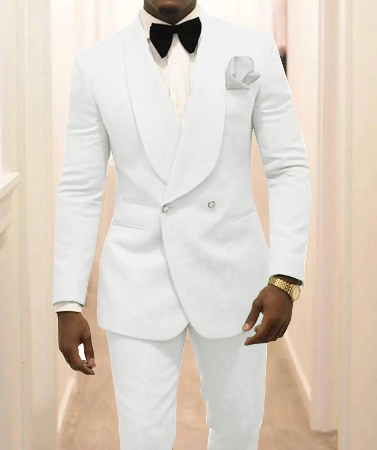 Custom Pour Hommes Made Groomsmen White Pattern Groom Tuxedos Shawl Lapel Suits 2PCS Wedding ( Jacket+Pants )Costume Homme