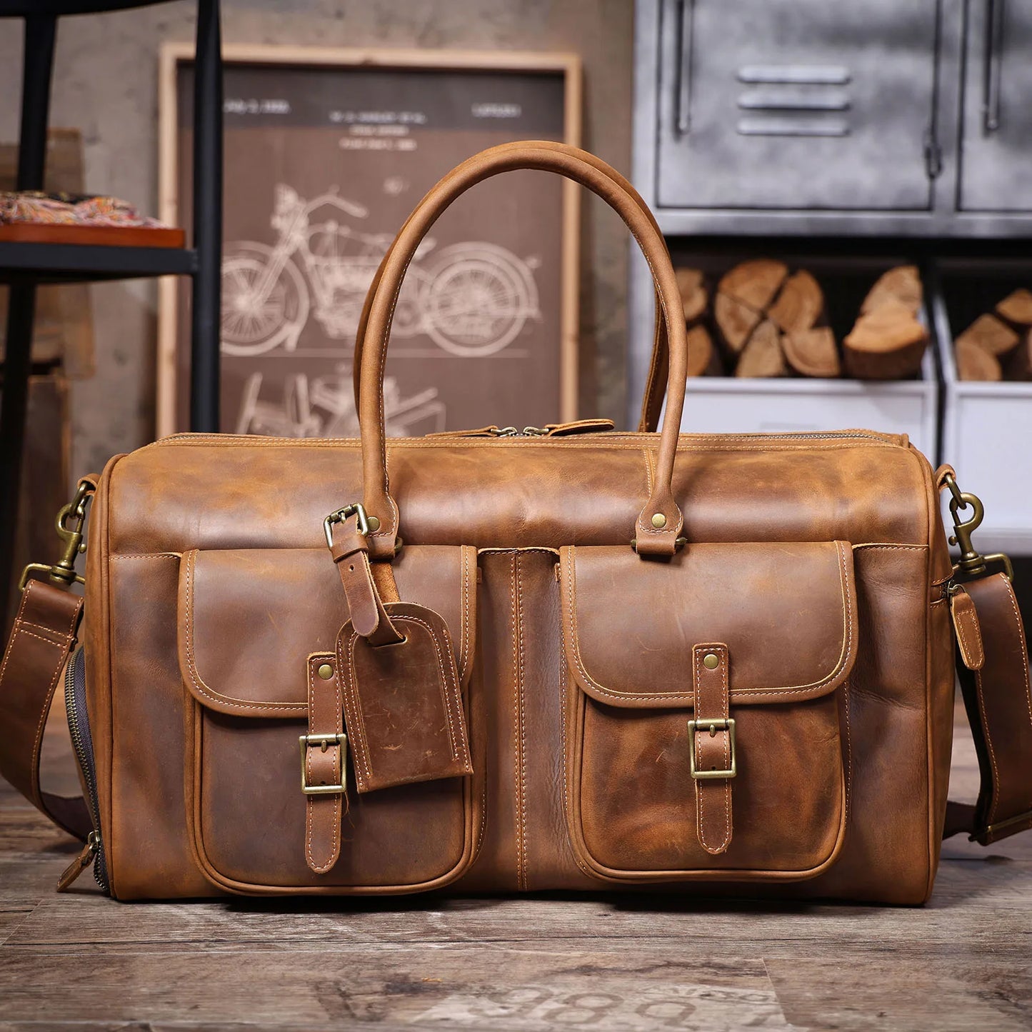 S.WORKER Vintage Genuine Leather Travel Bag Crazy-horse Cowhide Leather Duffel Bag Handicrafted Weekender Bag Gym Bag