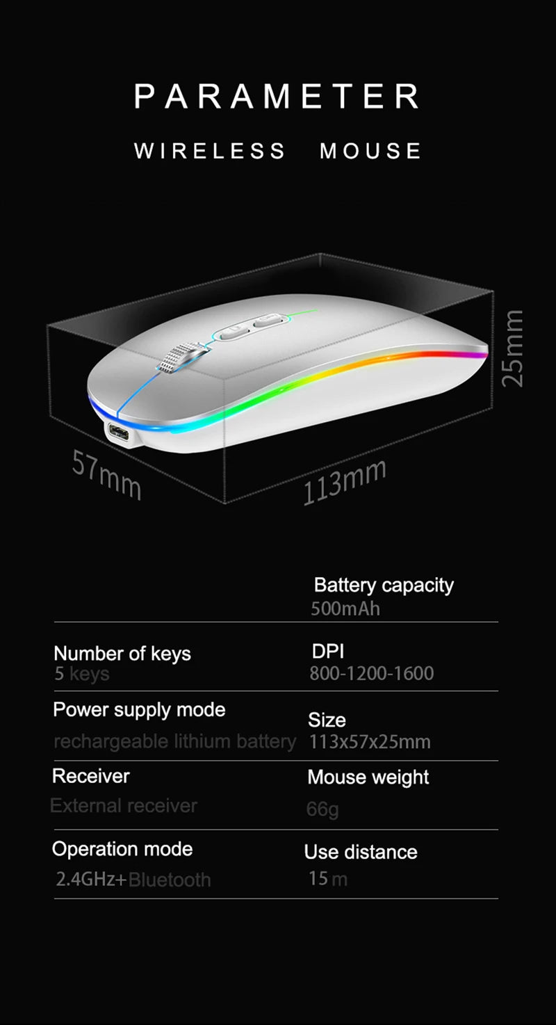 Dual Mode Bluetooth 2.4G Wireless Mouse One-Click Desktop Function Type-C Rechargeable Silent Backlight Mice for Laptop PC New