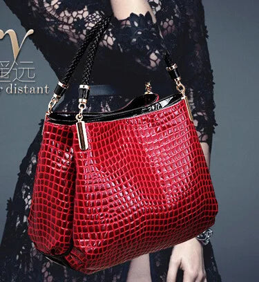 Classic Stone Texture Top-Handle Bag with Crocodile Print Elegant Shoulder Bag for Sophisticated Women in Europe and America