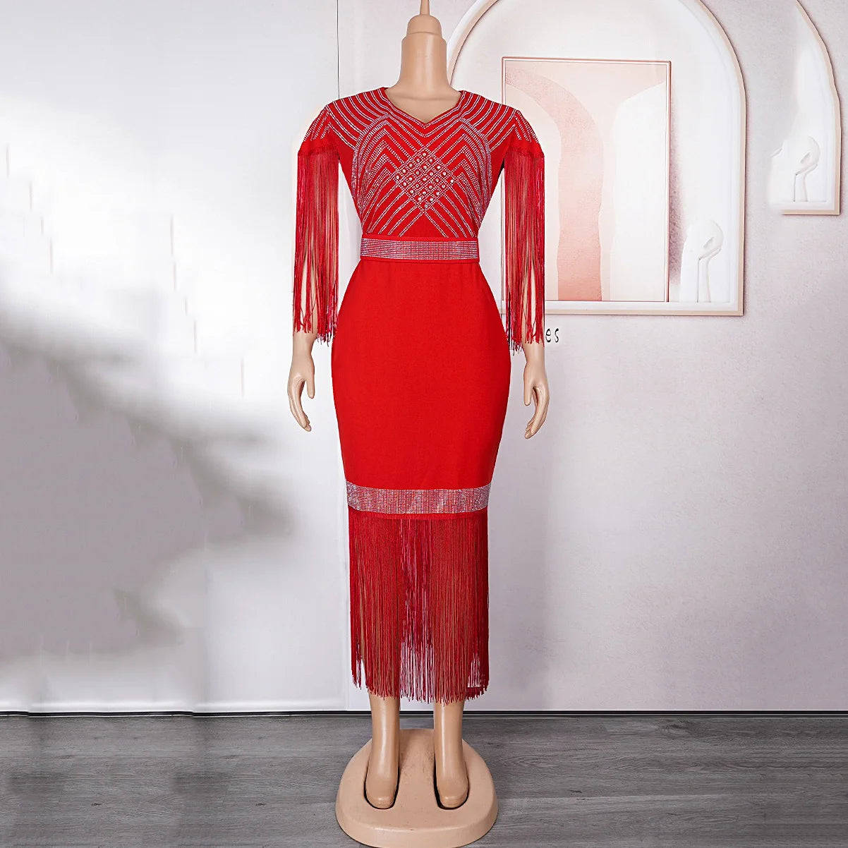 Elegant African Dresses New Trends Luxury Diamond Tassel V Neck Sheath Mid Calf Modest Female Business Work Wear Gowns Clothes