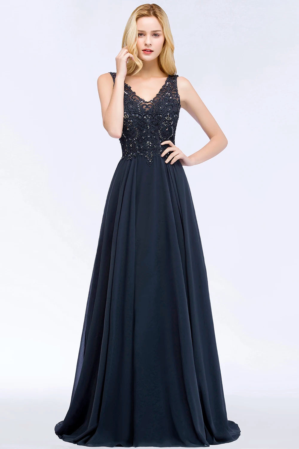 BABYONLINE Halter Neckline Lace Pearls Bodice Bridesmaid Dress Long Floor-length Skirt Chiffon Sexy Open Back Wedding Clothes