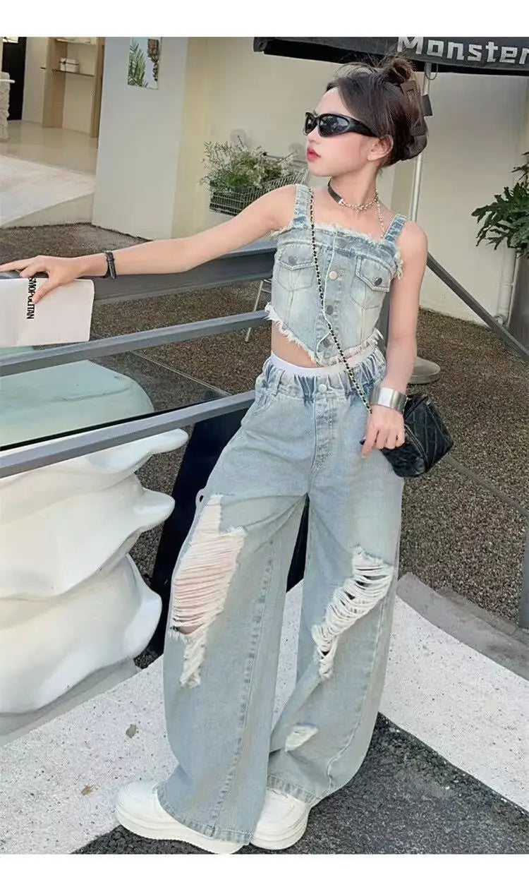 Girl Summer 2025 Halter Vest Ripped Wide-Leg Pants Two-Piece Set Kids Casual Harbor Flavor Simple Style