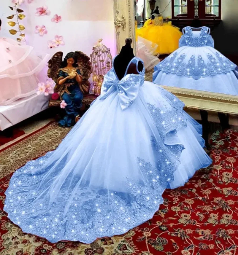 Customized Flower Girl Dress for Wedding Suspenders with Bow Satin Ball Gown Kids Birthday First Communion Party Dress